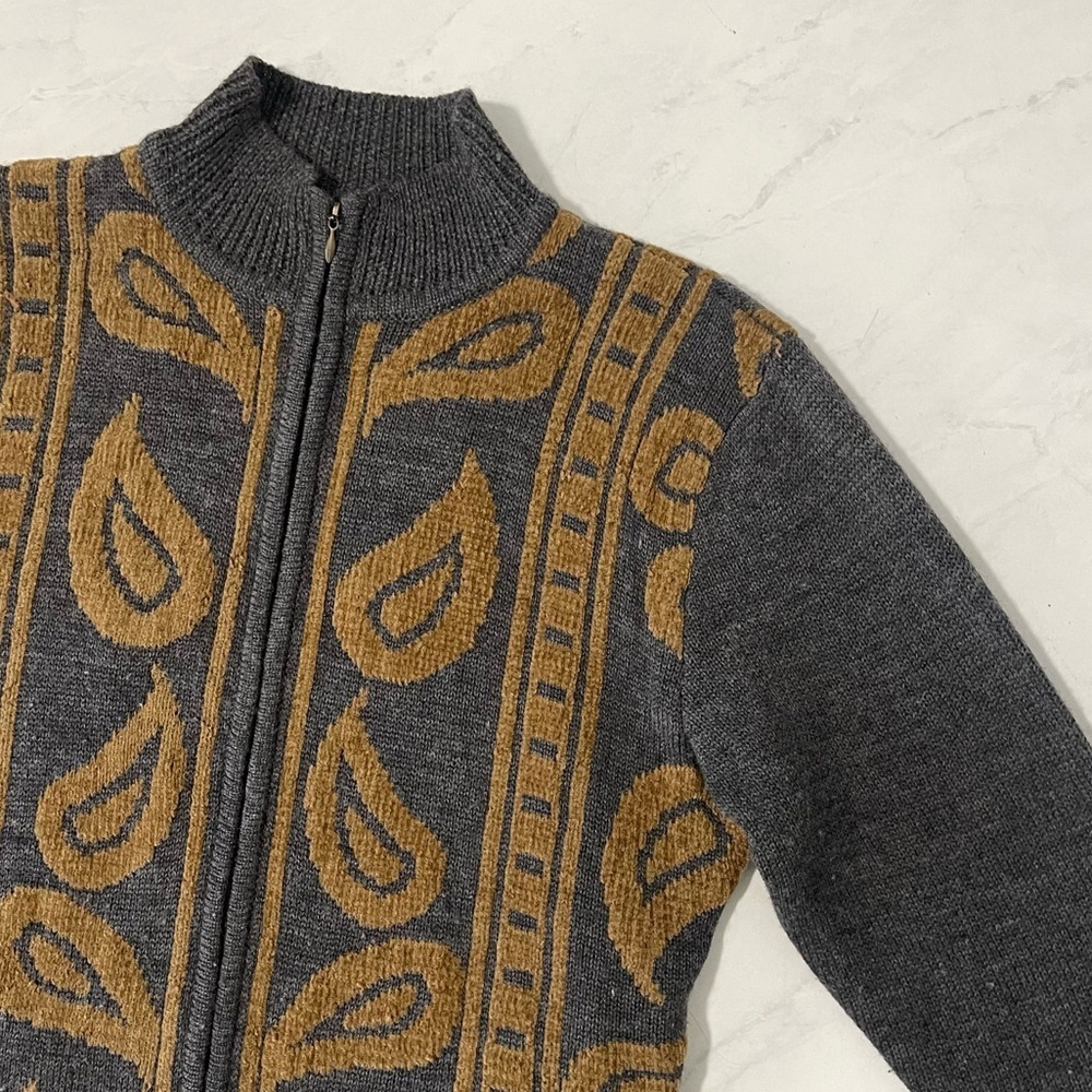 Pendleton Gray Gold Paisley Wool Blend‎ Knit Full Zip Sweater Cardigan Medium - Picture 3 of 5